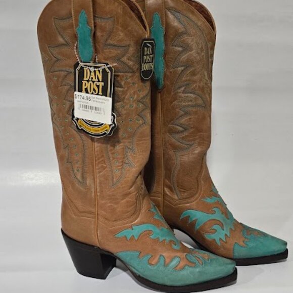 Never Worn NEW DAN POST Women's Turquoise/Tan Snip Toe Cowgirl Boots STYLE 3276 - Picture 1 of 6